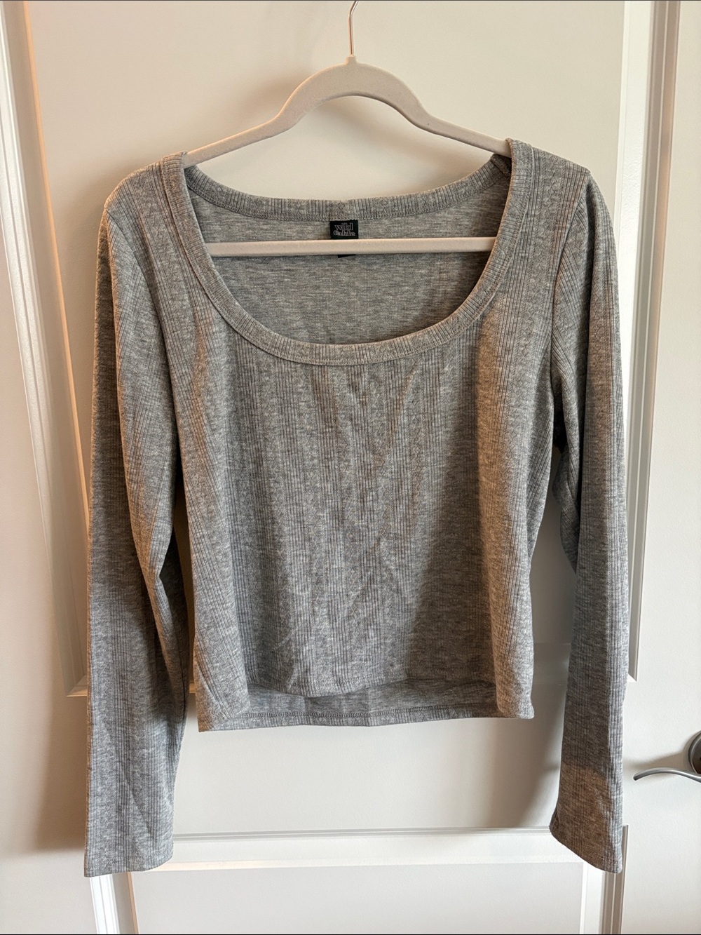 Wild Fable Grey Ribbed Long-Sleeve Scoop Neck Top